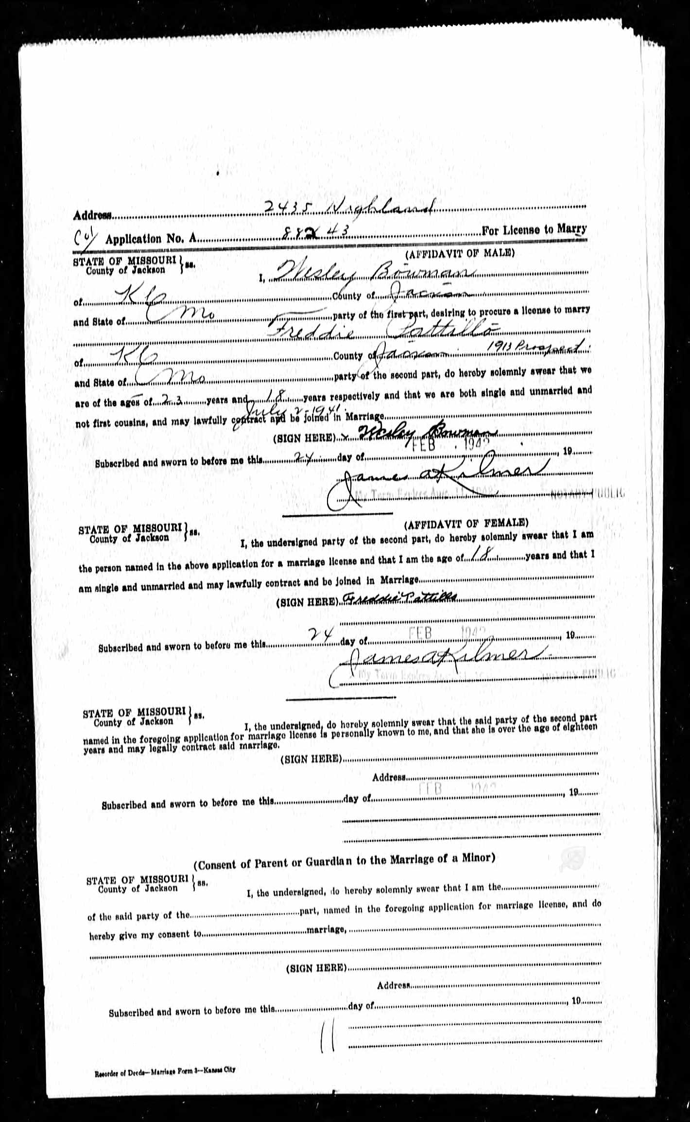Marriage Application of Freddie Pattillo and Wesley Bownan
